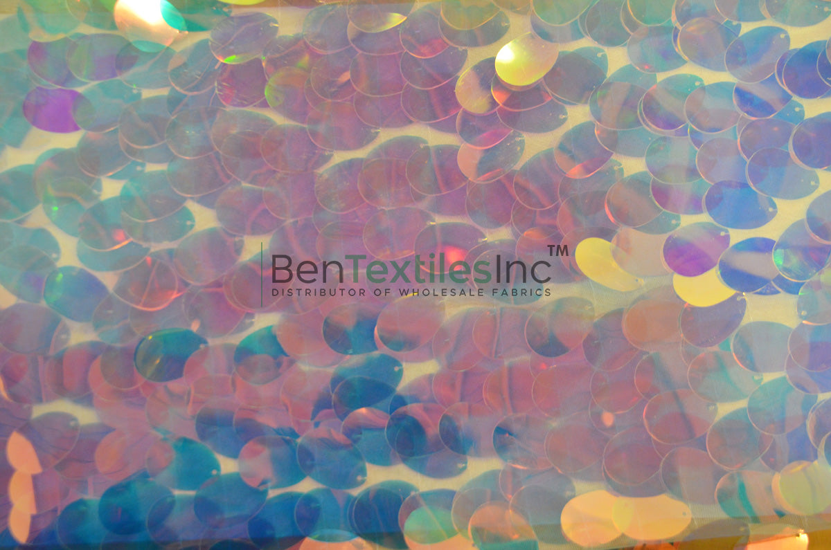 Oval Hologram Sequins Fabric | Iridescent Jumbo Sequins Mesh Fabric | 52 Inch Wide