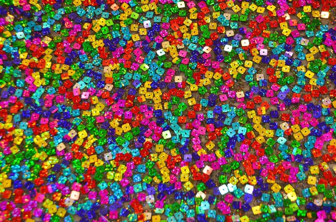 Rainbow Square Sequins | Colorful Sequins Fabric Sewn on Mesh | 52" Wide| Multi Color Sequins | newtextilefabric Yards 