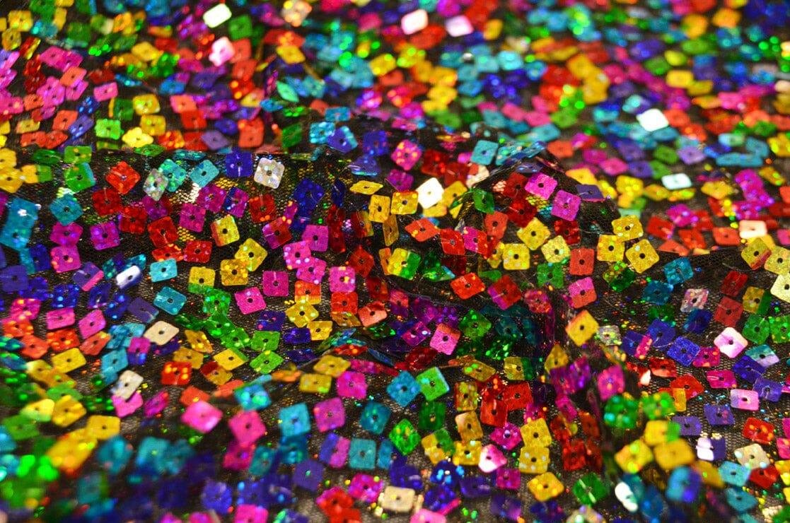 Rainbow Square Sequins | Colorful Sequins Fabric Sewn on Mesh | 52" Wide| Multi Color Sequins | newtextilefabric 