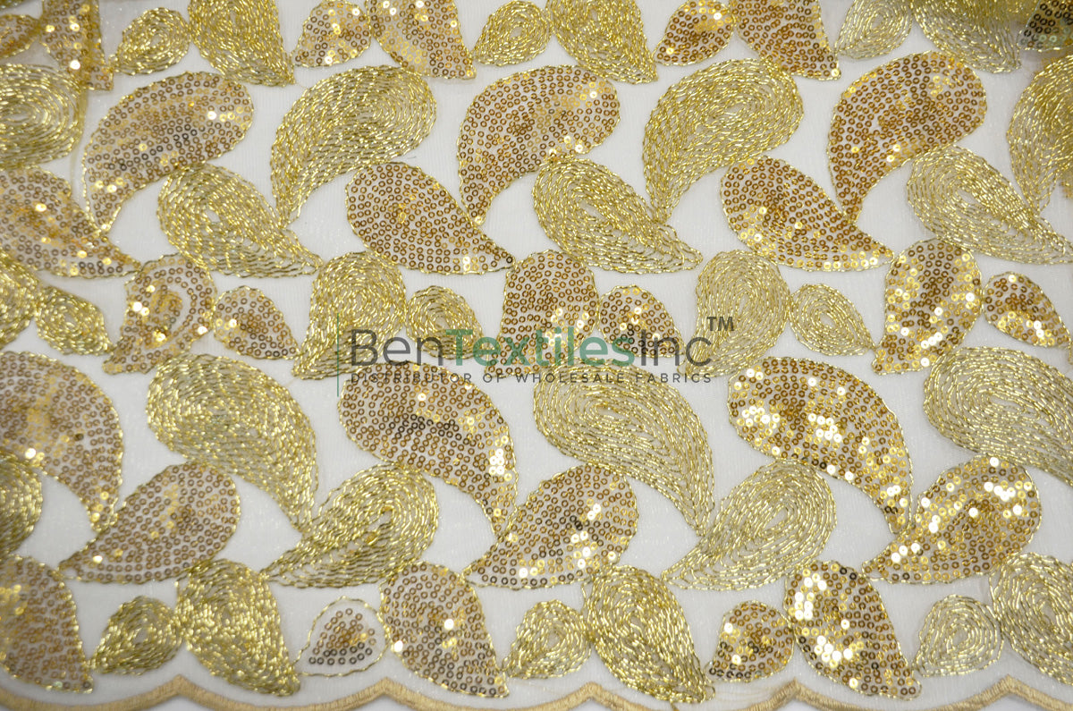 Paisley Sequins With Cording | Gold Paisley Corded Lace Fabric | 52 Inch Wide | Double Scallop Lace