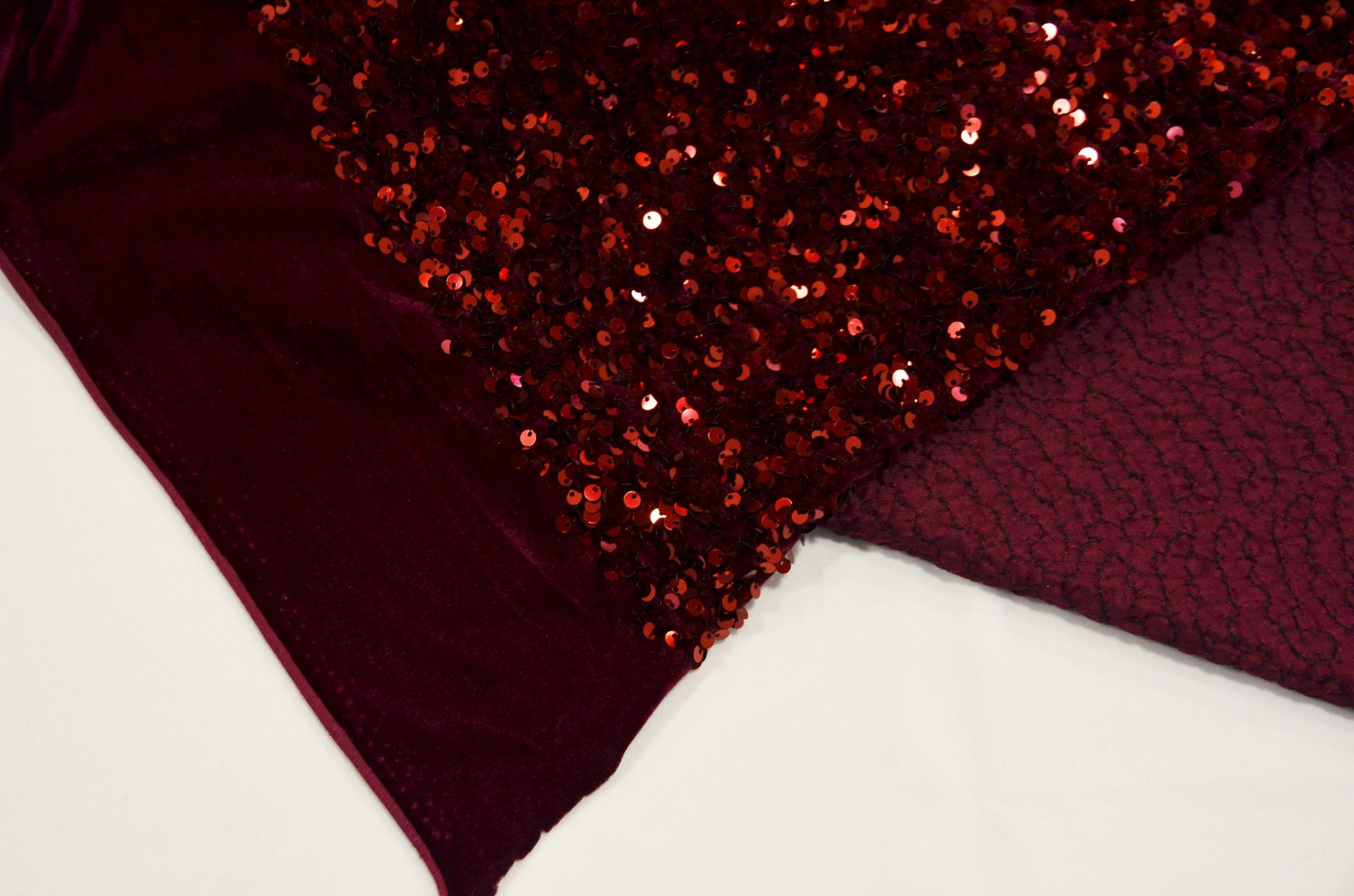 Sequins Stretch Velvet | Sequins on Plush Spandex Velvet | 60" Wide | Multiple Colors | My Textile Fabric 3"x3" Sample Swatch Burgundy 