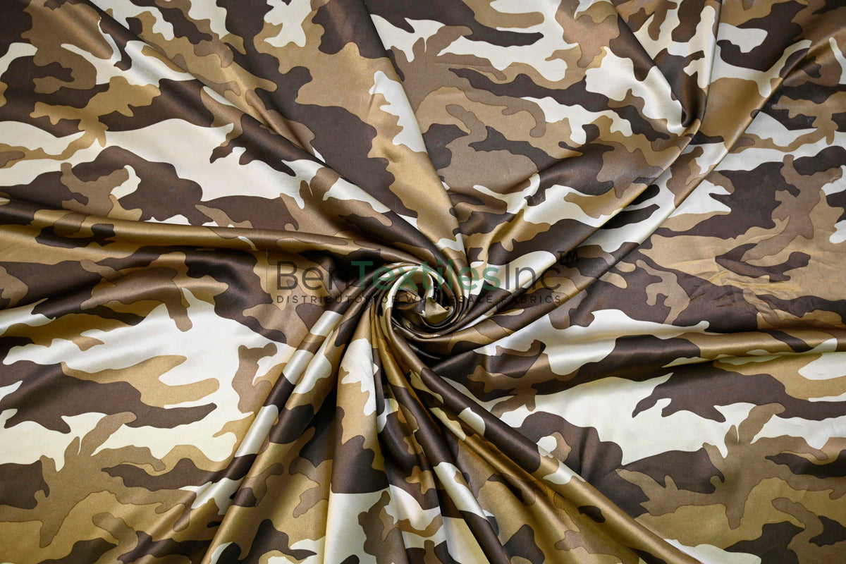 Army Camouflage Satin Print Fabric | Soft Camo Charmeuse Satin | 60" Wide | Wholesale Bolt