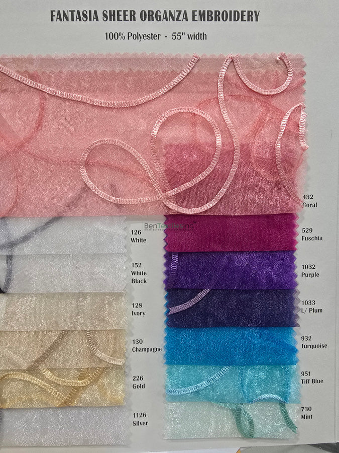 Fantasia Organza Embroidery Fabric | Embroidered Floral Sheer | 54" Wide | Multiple Colors Available