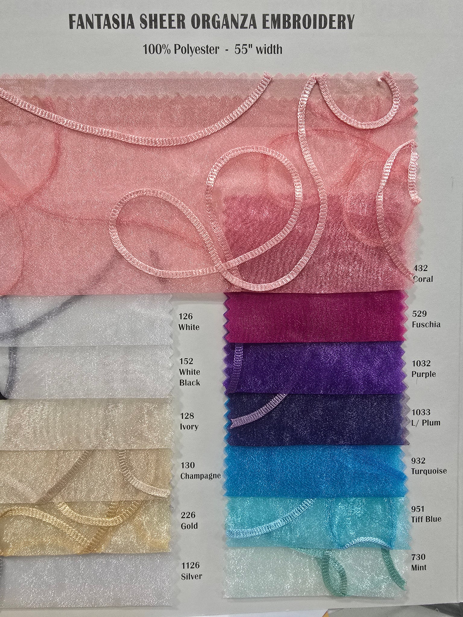 Fantasia Organza Embroidery Fabric | Embroidered Floral Sheer | 54" Wide | Multiple Colors Available