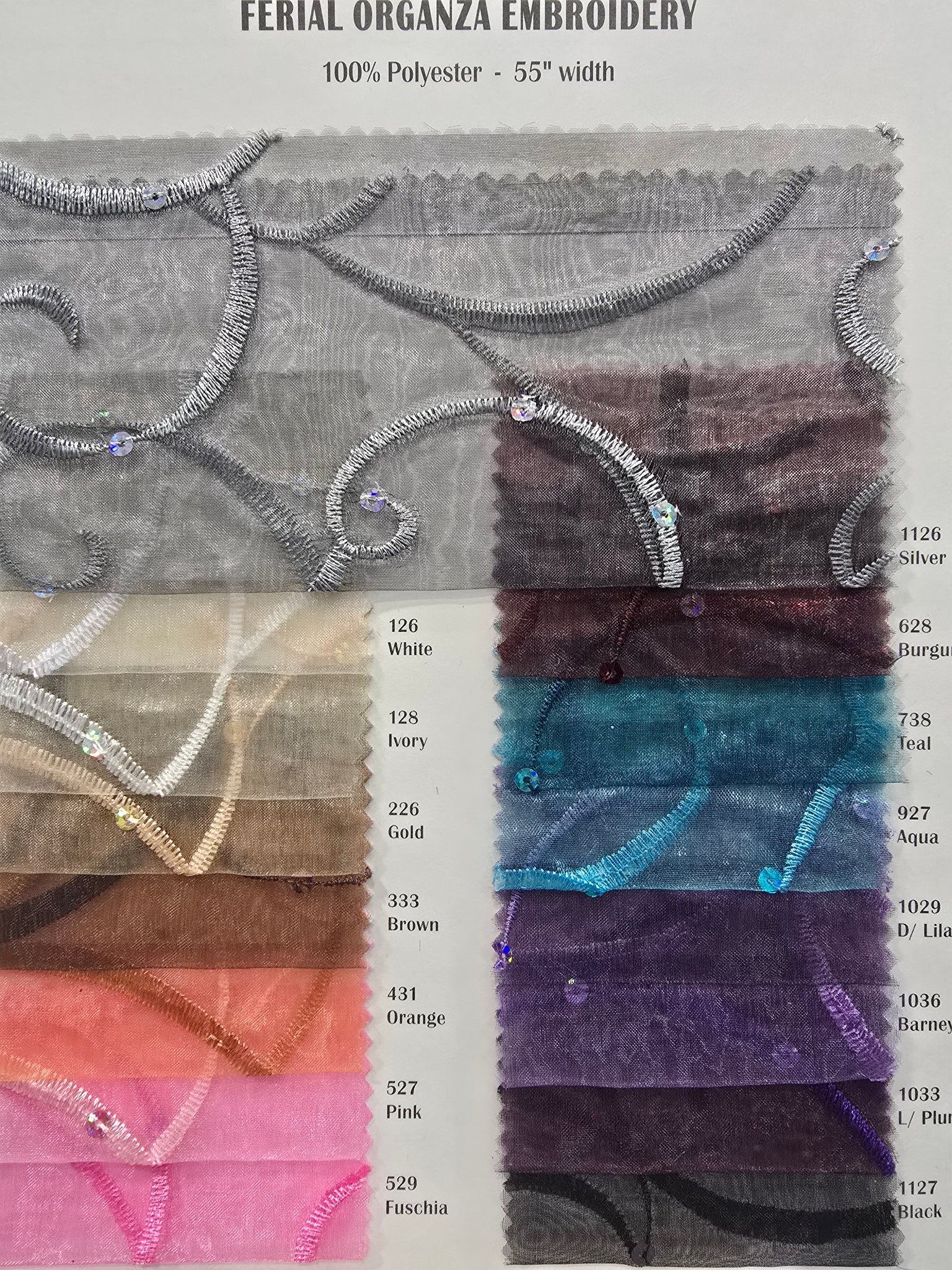 Ferial Organza Embroidery Fabric | Embroidered Floral Sheer | 54" Wide | Multiple Colors Available