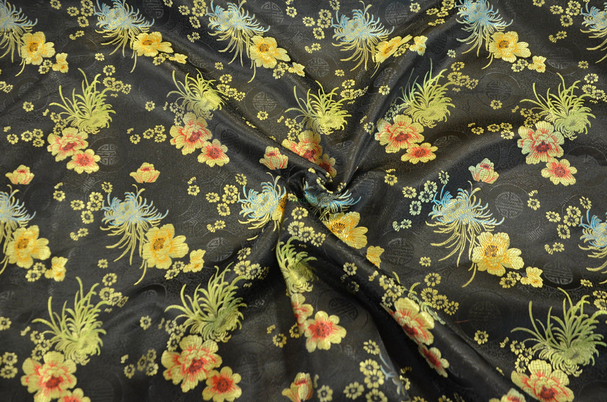 Oriental Floral Brocade | Chinese Flower Pattern Satin Fabric | 45