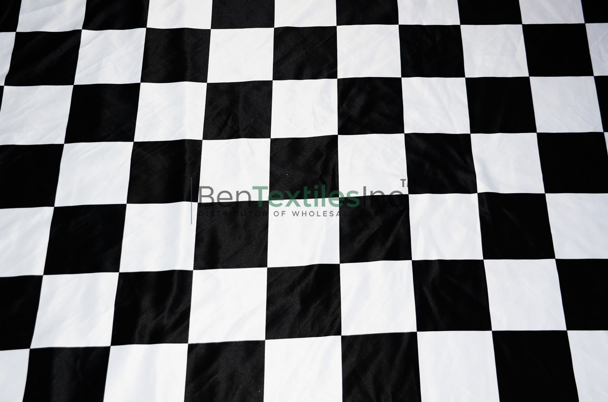 White Black 5.5" Checker Satin Print Fabric | Large Checkered Racing Fabric | Dull Lamour Satin Print | 60" Wide