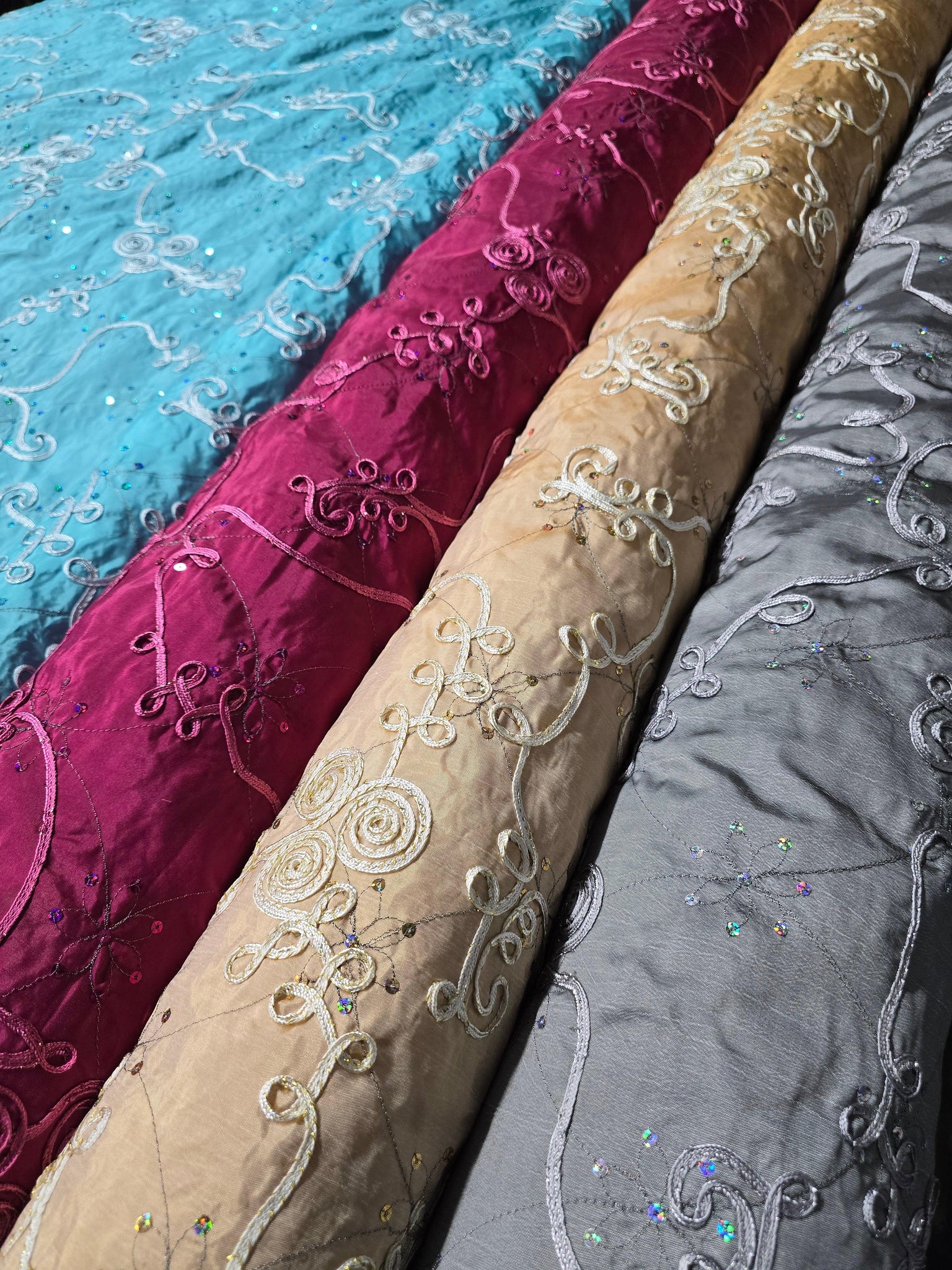 Sequins Ribbon Taffeta Fabric | Ribbon Cord Taffeta Embroidery with Sequins Embellishments | 54" Wide | Multiple Colors