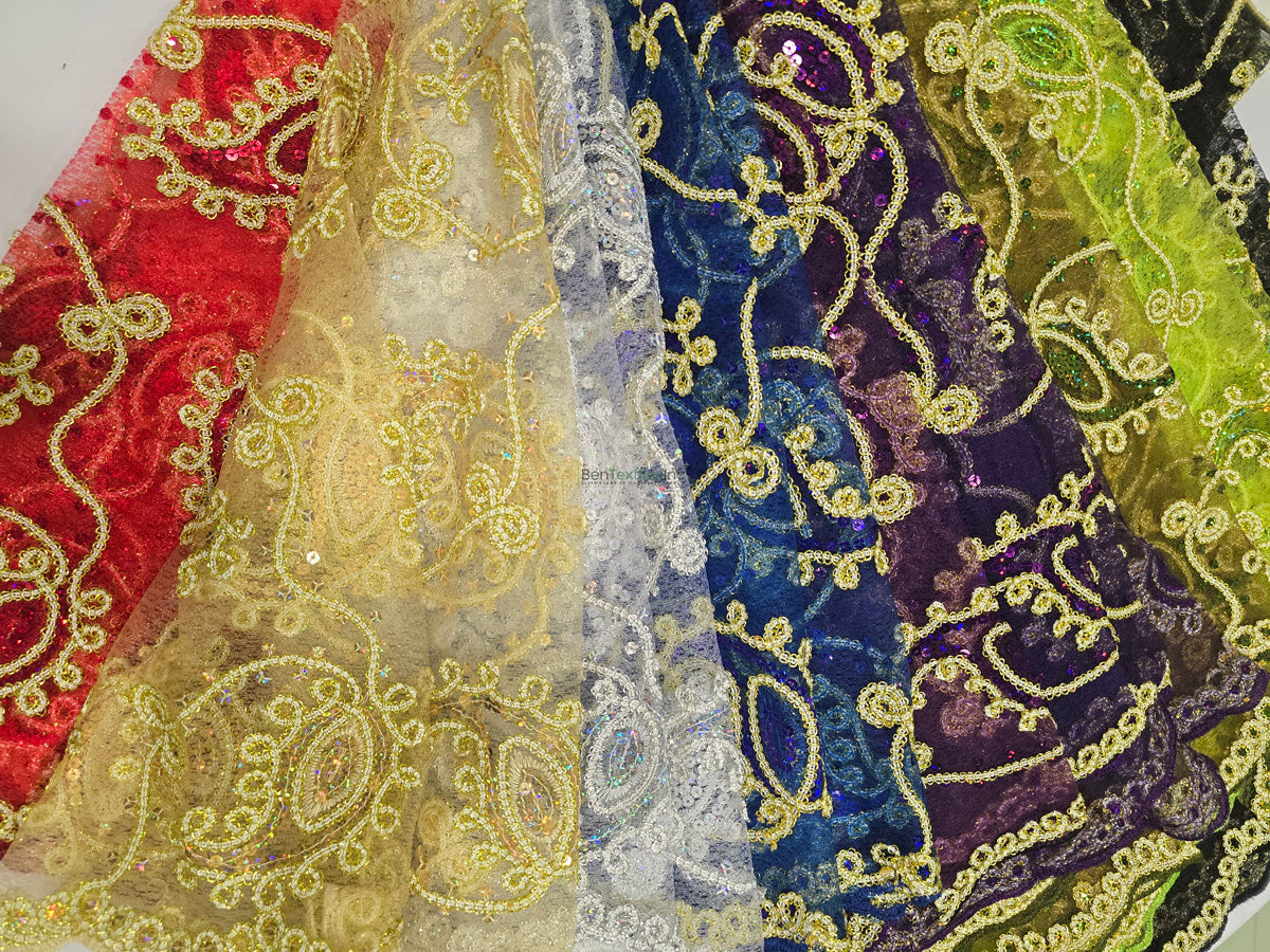 Coco Paisley Sheer Embroidery Fabric | Double Scallop Lace | 52" Wide | Metallic Embroidered Sequins | Multiple Colors