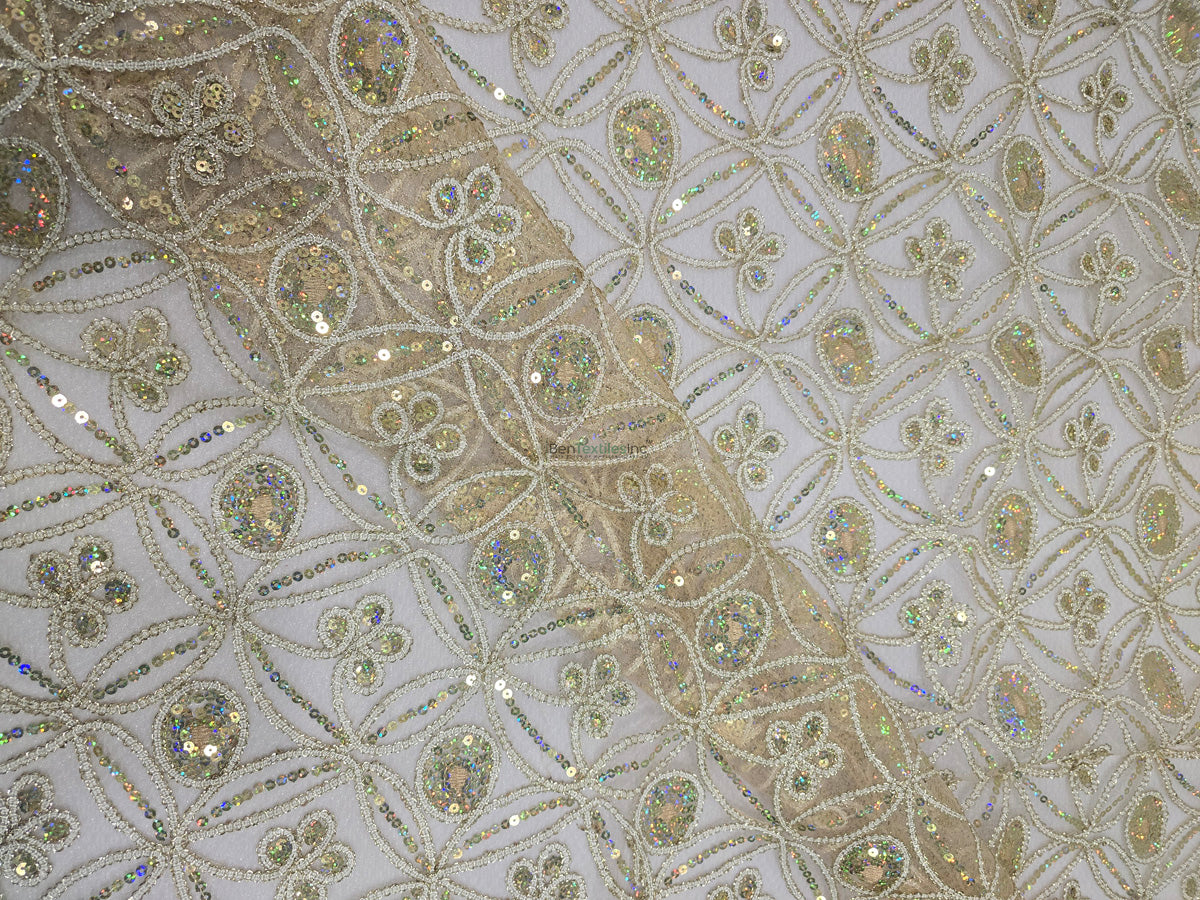 Coco Star Sheer Embroidery Fabric | Double Scallop Lace | 52" Wide | Metallic Star Sequins | Silver, Champagne, Gold