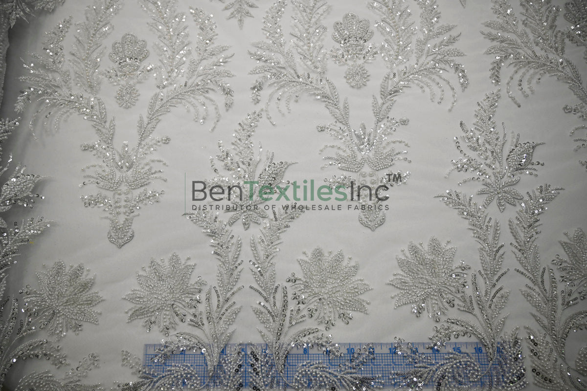 Beaded Lace Design 8489 | French Mesh Embroidery | Wedding White | 54" Wide | Bridal Fabric