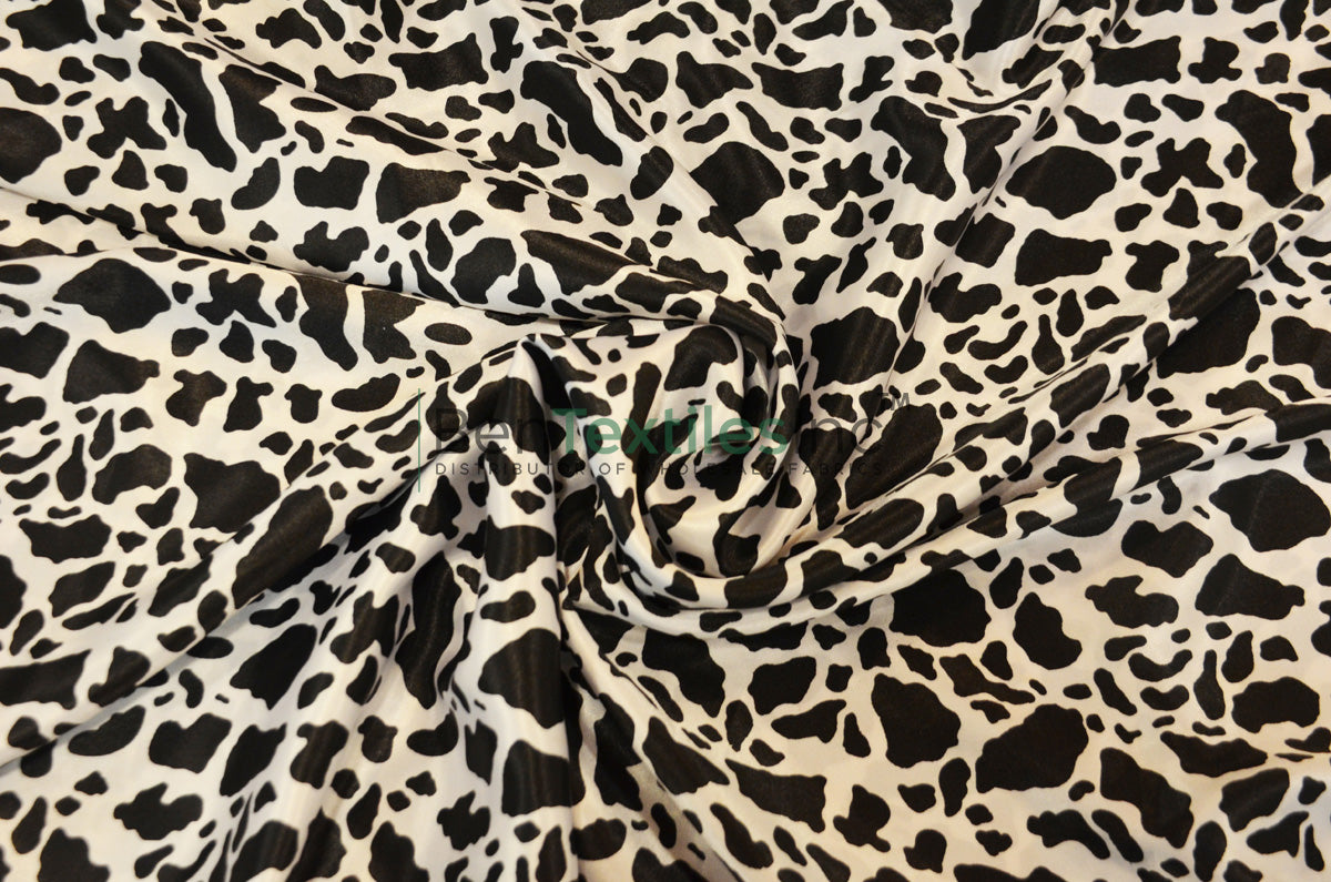 Small Black Cow Satin Print Fabric | Black Calf Charmeuse Satin | 60" Wide