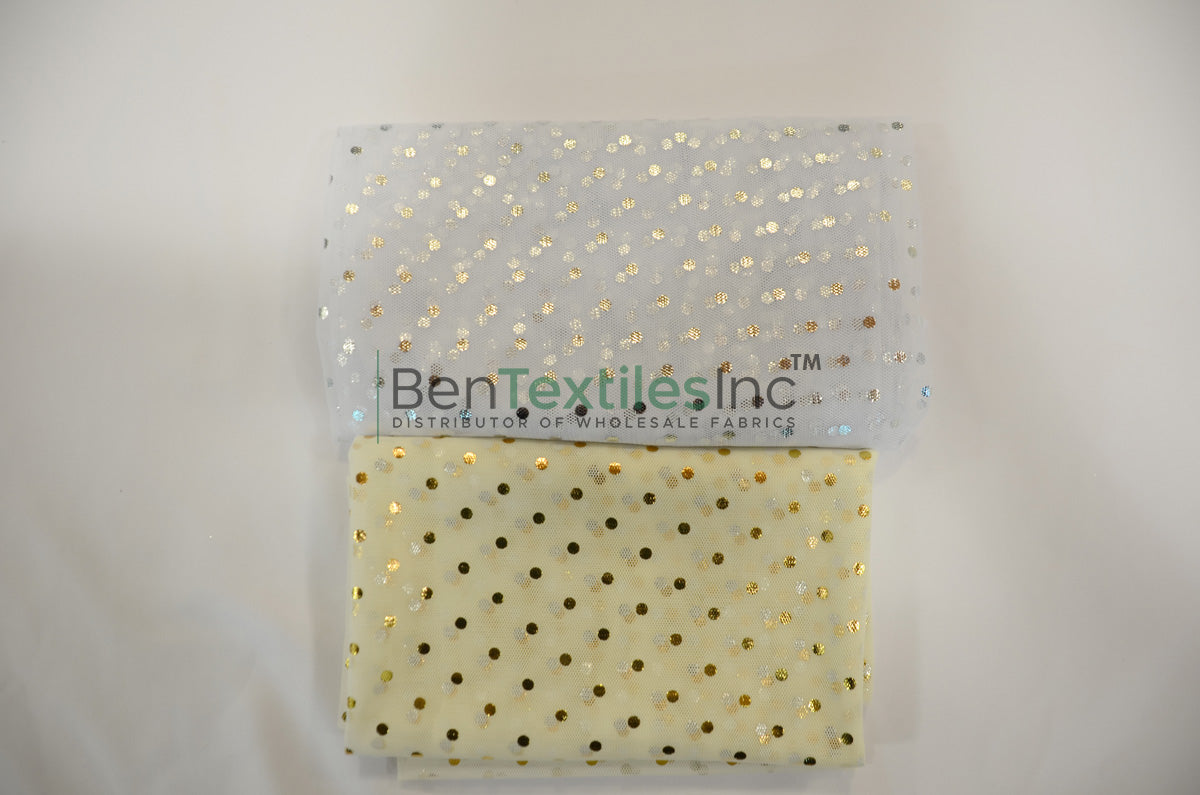 Bridal Tulle Fabric with Metallic Polka Dots | 60" Wide Sheer Soft Tulle | White with Silver & Ivory with Gold Dots