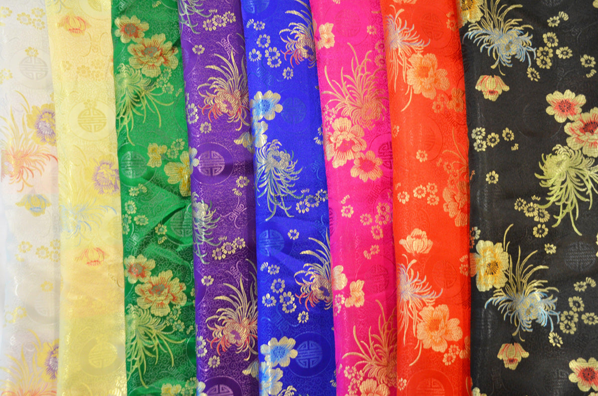 Oriental Floral Brocade | Chinese Flower Pattern Satin Fabric | 45 Inch Wide | Luxurious Chinese Brocade