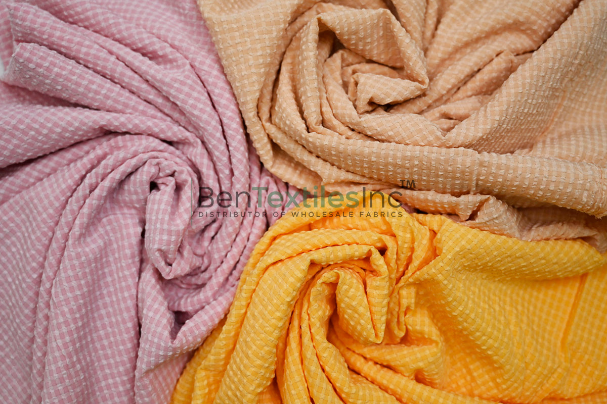 Lightweight Gingham Seersucker Fabric | 100% Polyester with Mechanical Stretch | 57/59" Wide | 115 GSM