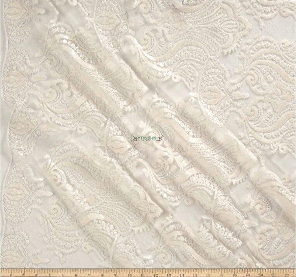 Medallion Bridal Lace Fabric | Sequins Damask Embroidery | 52 Inch Wide | For Wedding Dresses Overlays & Decor