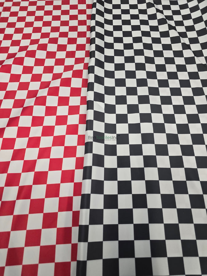 1" Checker Satin Poly Satin Lamour Print Fabric | Racing Checkered Fabric | Wholesale Bolts | 60" Wide |