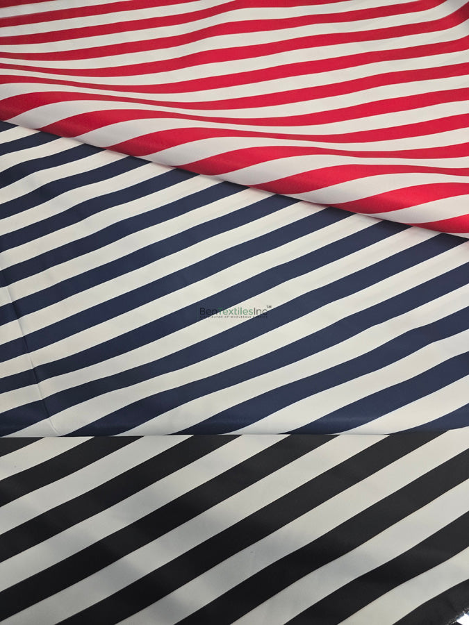 1" Stripe Satin Poly Satin Lamour Print | 58/60" Wide | Wholesale Bolts | Red, Navy, Black |