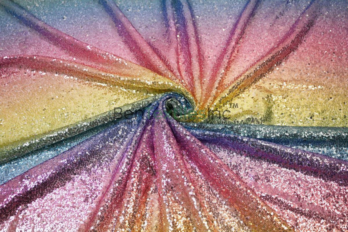 Rainbow Sequins Fabric | Multi Color Sequins Rainbow on Mesh Fabric | Mermaid Mesh Sequins Fabric | Ombre Sequins Fabric by the Yard |