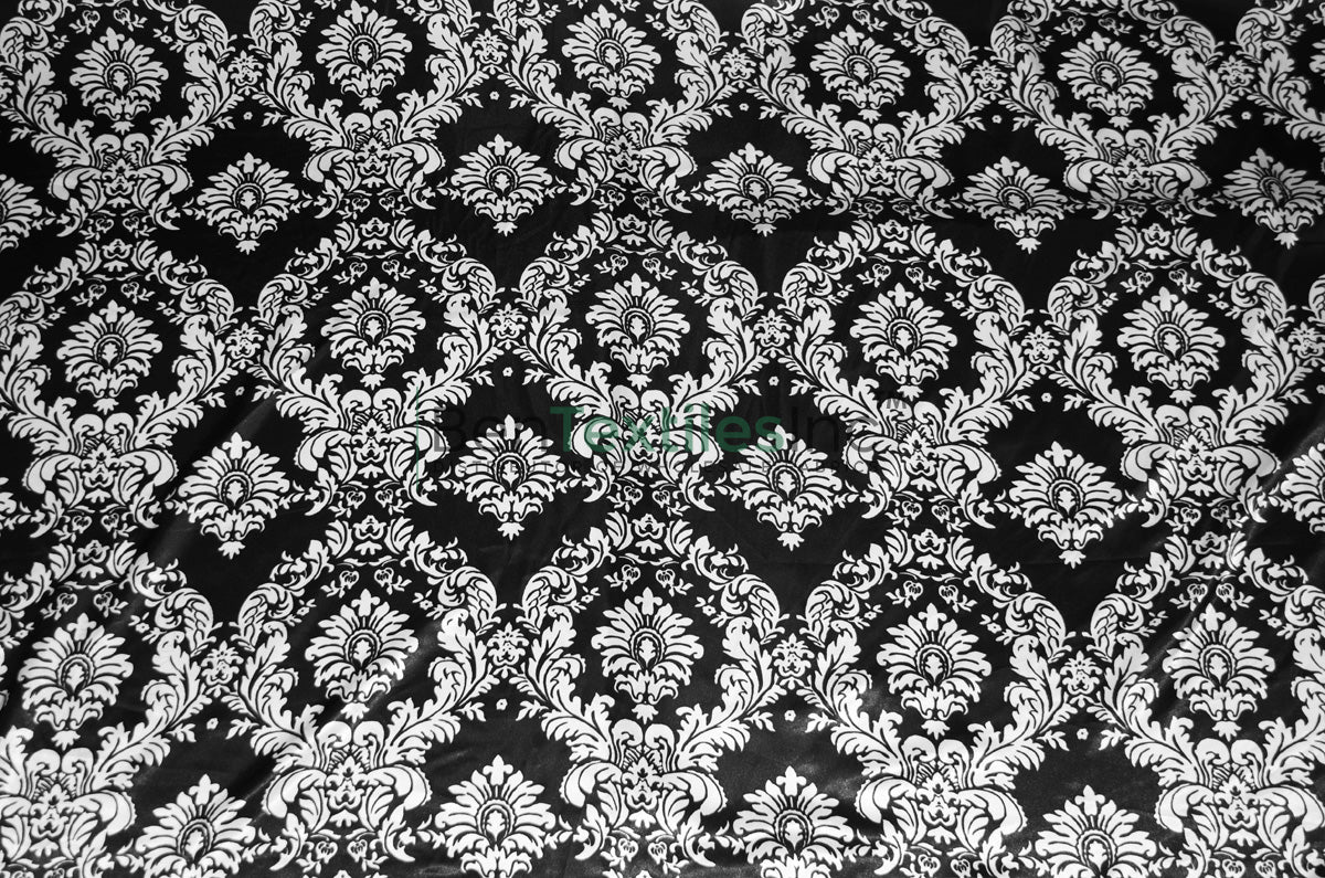 White Black Damask Satin Print Fabric | Damask Lamour Satin Fabric | Dull Satin Print | 60" Wide