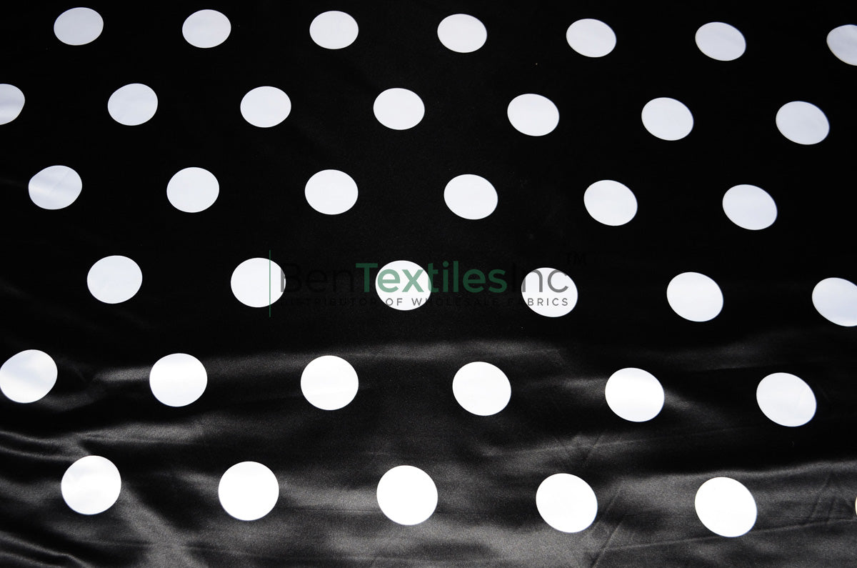 White Black Polka Dot Satin Print Fabric | Polka Dot Satin Fabric | Dull Lamour Satin Print | 60" Wide