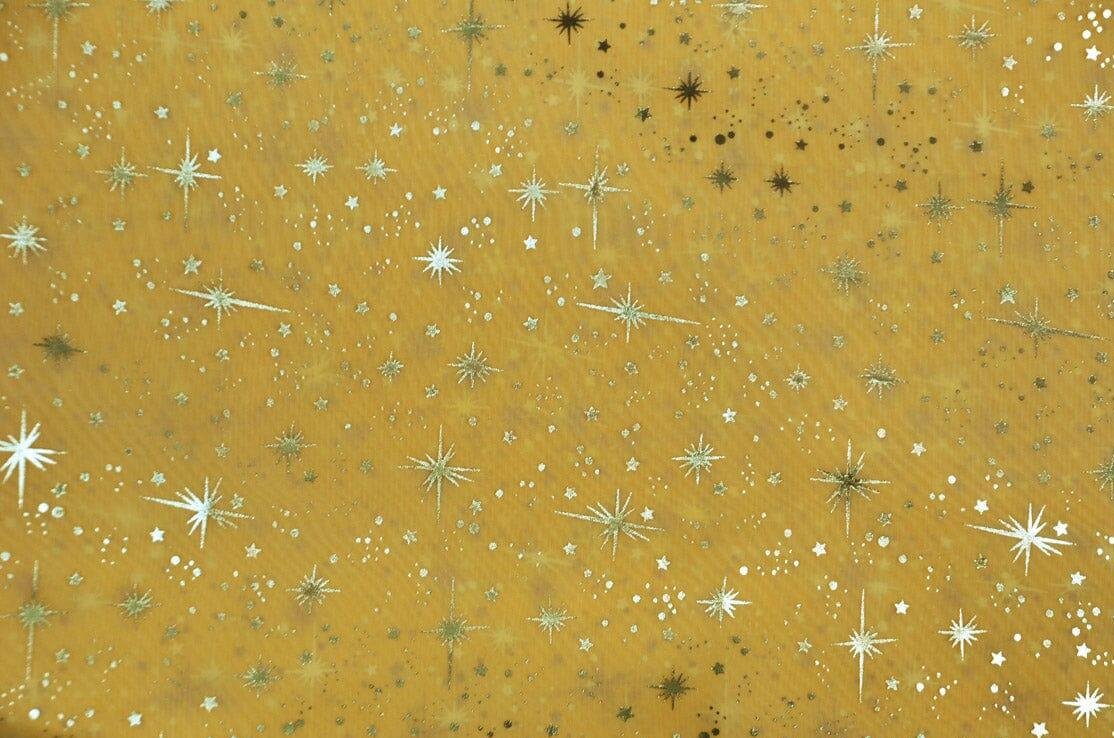 Shooting Star Foil Organza Fabric| 60" Wide | Sheer Organza with Foil Silver Metallic Star | Decor, Overlays, Accents, Dresses, Apparel | Fabric mytextilefabric Yards Gold 