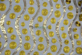 Open Weave Modern Wave Circle Fabric | 54 Inch Wide | Gold and Silver with Sequins Embroidery