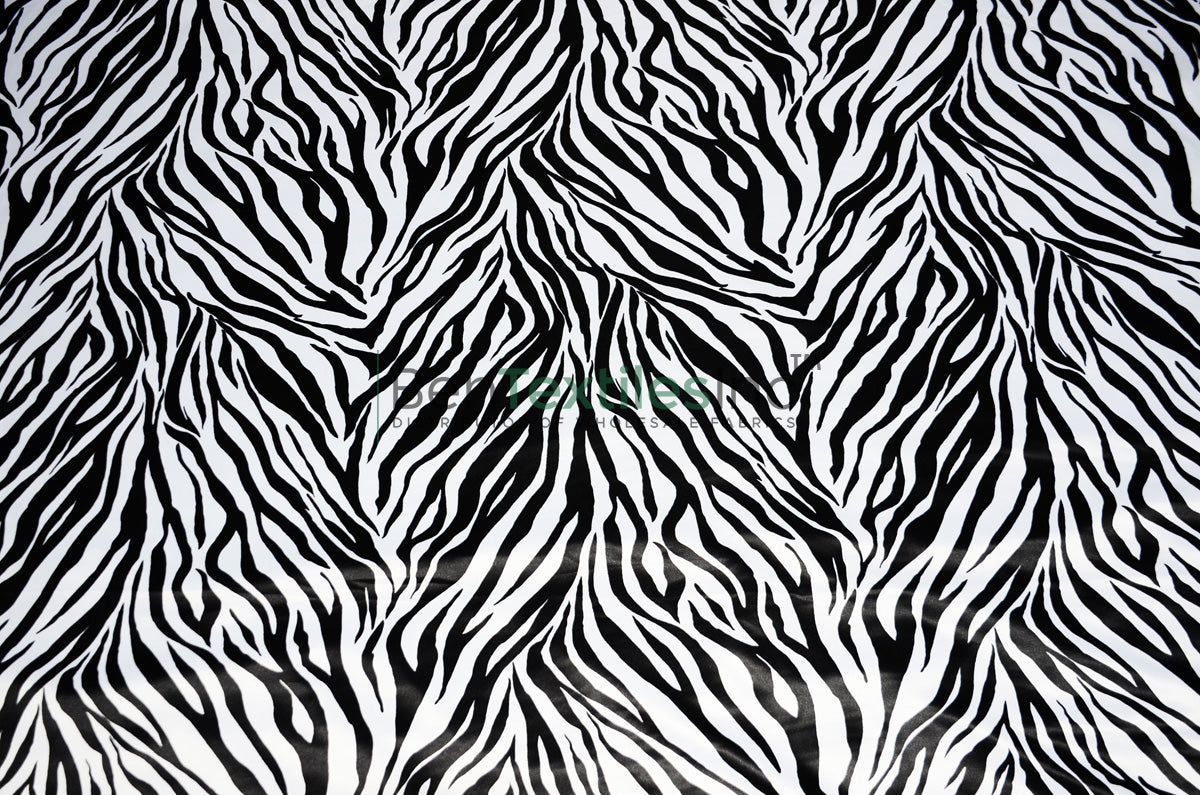 Black & White Zebra Lamour Print Fabric | Zebra Satin Dull Print | 60" Wide | For Tablecloths, Overlays & Apparel